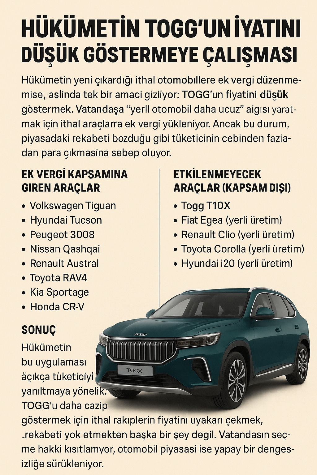 İthal Araçlara Ek Vergi: Hükümetin TOGG’un Fiyatını Düşük Göstermeye Çalışması