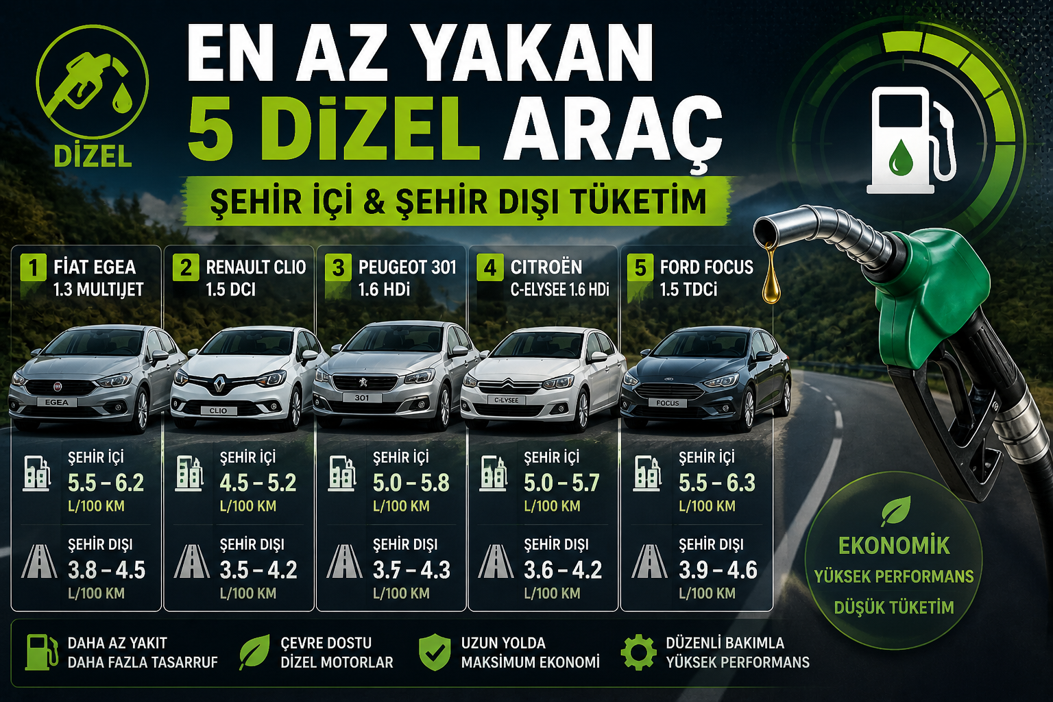 ???? En Az Yakan 5 Dizel Araç (2026) – Şehir İçi & Şehir Dışı Tüketim