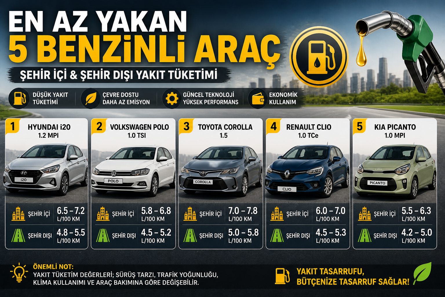 ???? En Az Yakan 5 Benzinli Araç (2026) – Şehir İçi & Şehir Dışı Tüketim