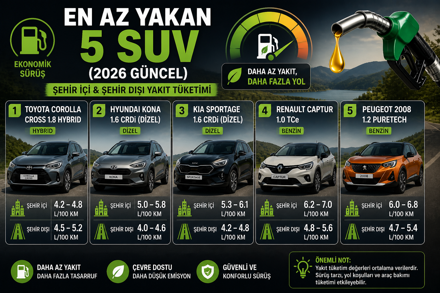 ???? En Az Yakan 5 SUV Araç (2026) – Şehir İçi & Şehir Dışı Tüketim